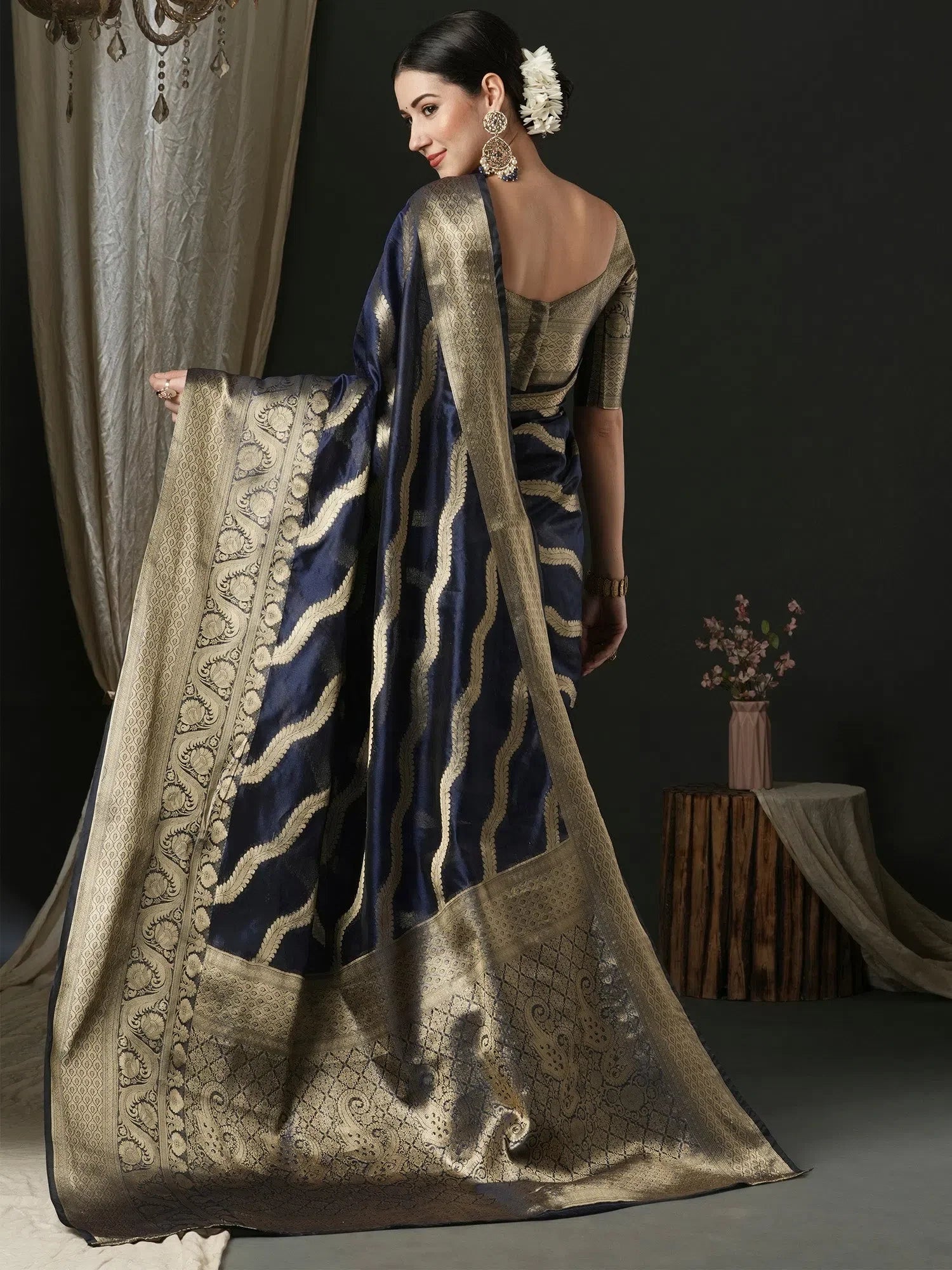 Navy Blue Organza Saree - Indian Sarees with Blouse