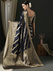 Women's Organza Navy Blue Woven Design Designer Saree With Blouse Piece-UNATI1004