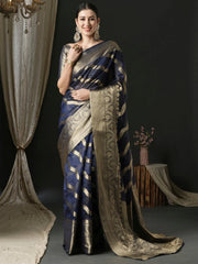 Women's Organza Navy Blue Woven Design Designer Saree With Blouse Piece-UNATI1004