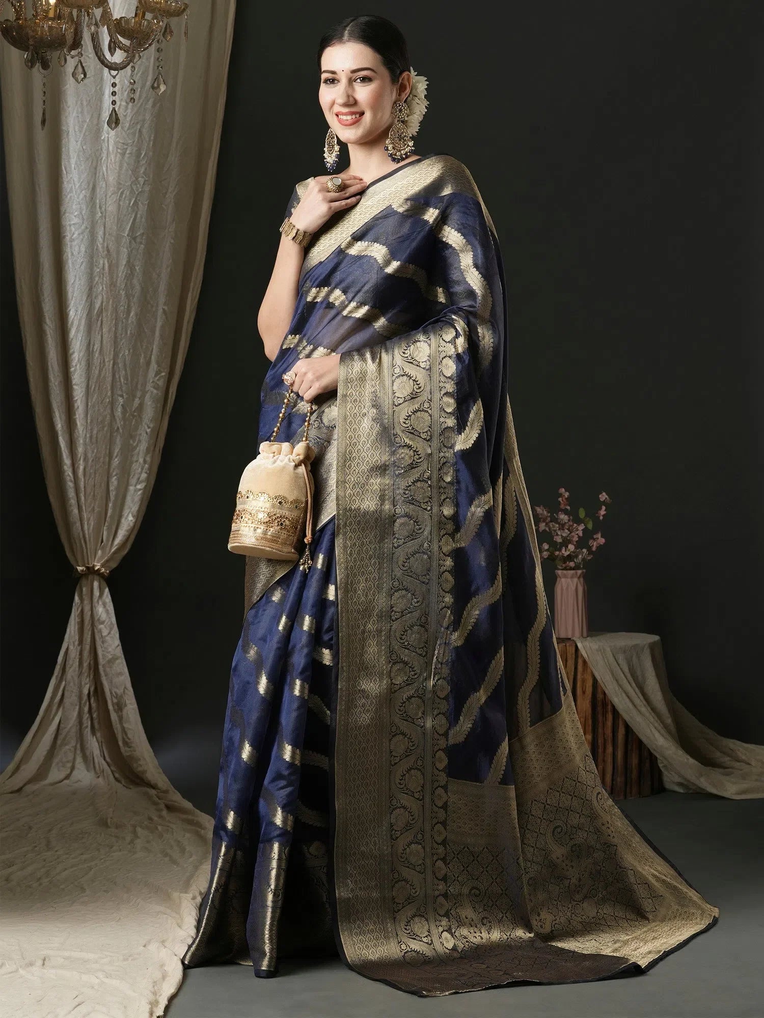 Navy Blue Organza Saree - Indian Sarees with Blouse