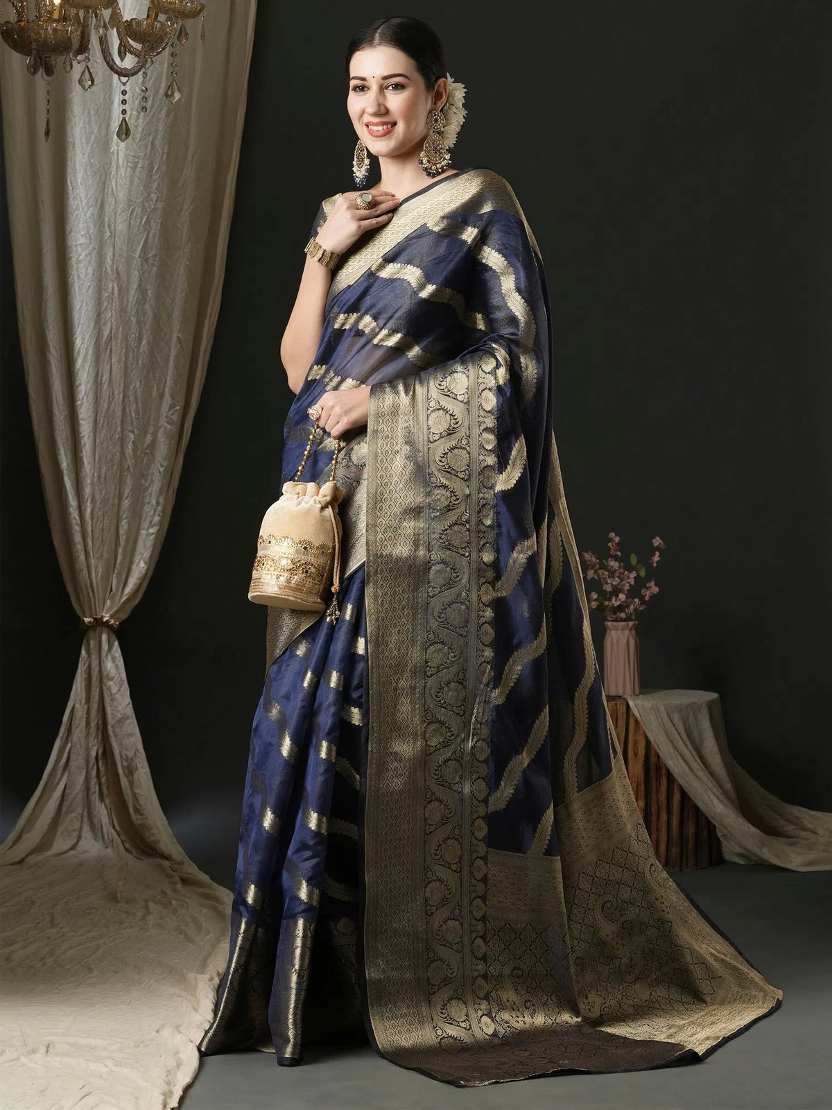 Women's Organza Navy Blue Woven Design Designer Saree With Blouse Piece-UNATI1004