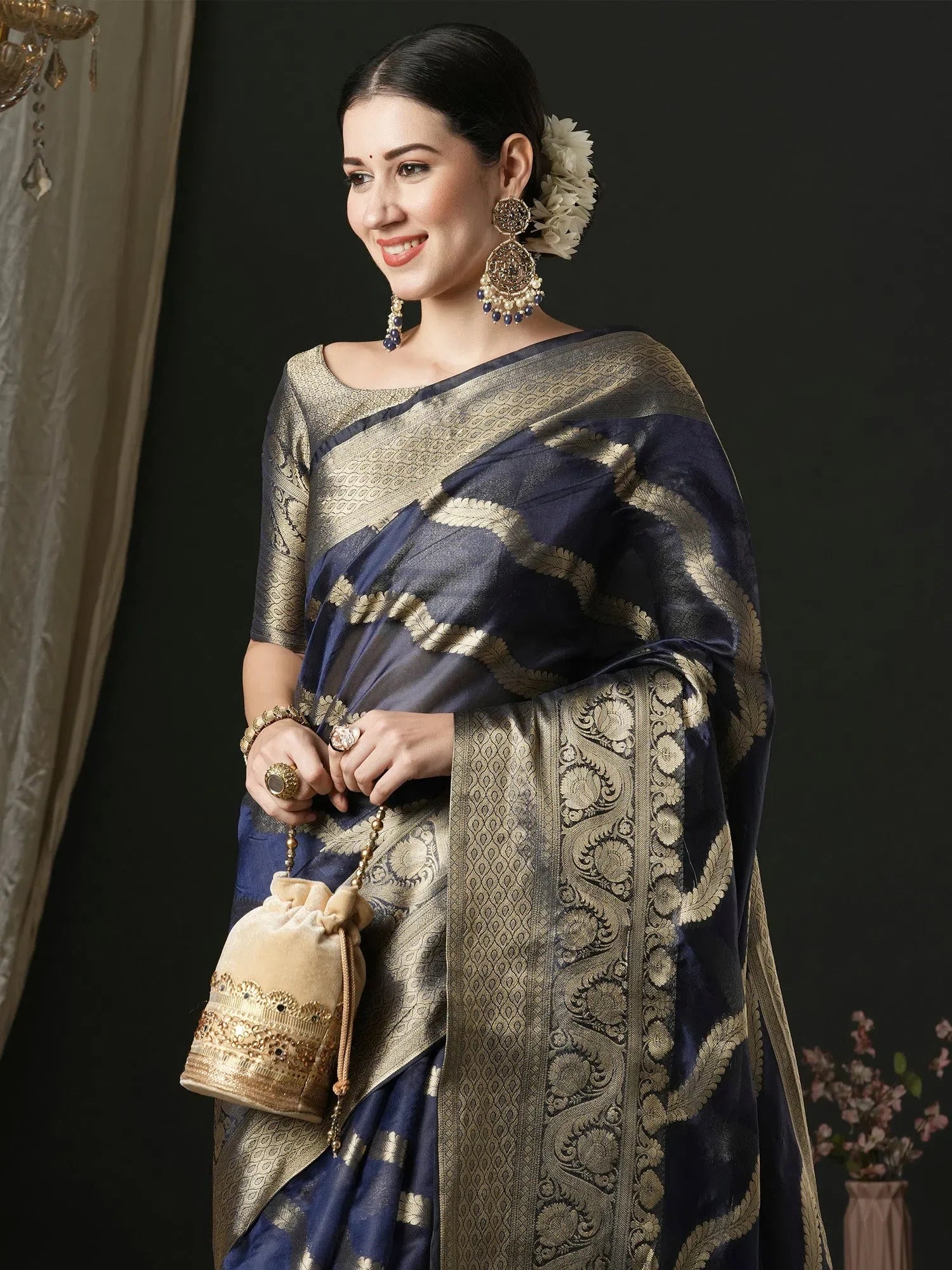 Navy Blue Organza Saree - Indian Sarees with Blouse