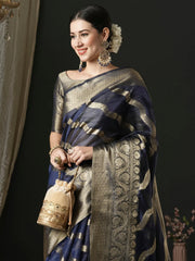 Women's Organza Navy Blue Woven Design Designer Saree With Blouse Piece-UNATI1004