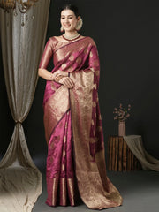 Women's Organza Magenta Woven Design Designer Saree With Blouse Piece-UNATI2001