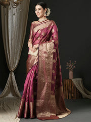 Women's Organza Magenta Woven Design Designer Saree With Blouse Piece-UNATI2001
