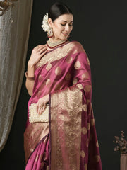 Women's Organza Magenta Woven Design Designer Saree With Blouse Piece-UNATI2001