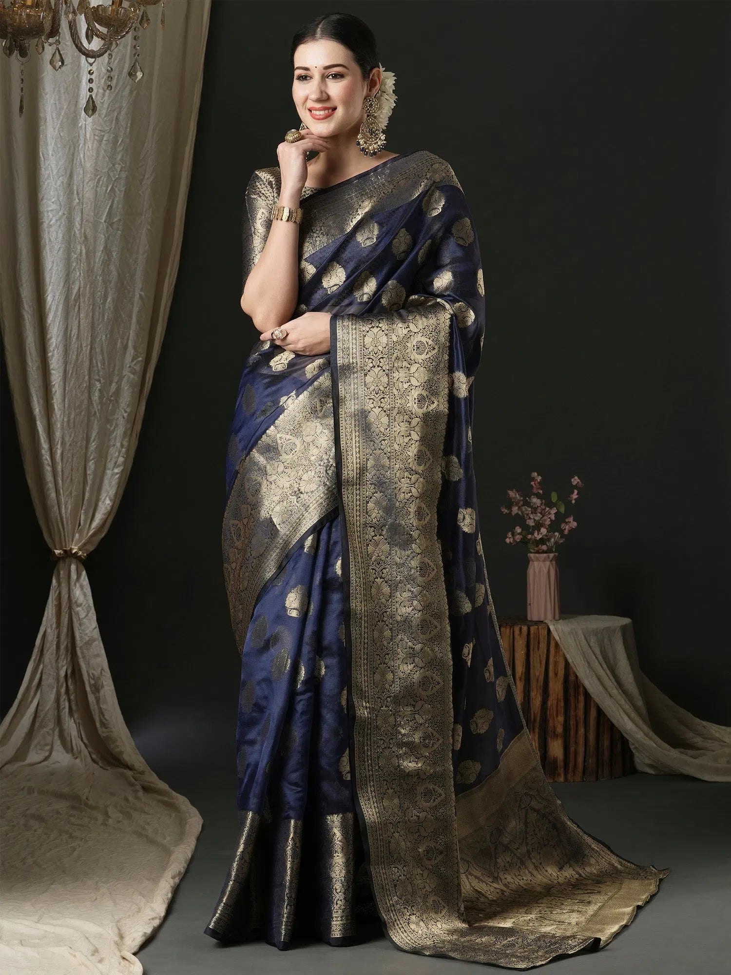 Navy Blue Organza Saree | Designer Indian Wedding Sarees