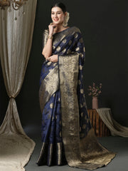 Women's Organza Navy Blue Woven Design Designer Saree With Blouse Piece-UNATI2002