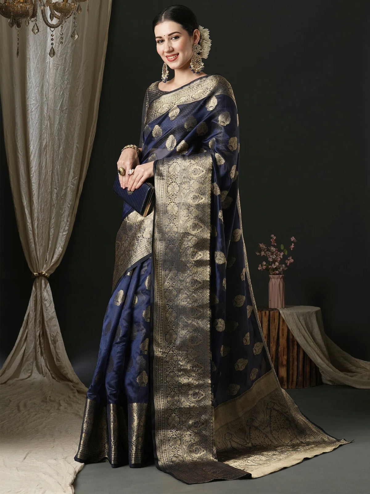 Women's Organza Navy Blue Woven Design Designer Saree With Blouse Piece-UNATI2002
