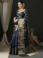 Women's Organza Navy Blue Woven Design Designer Saree With Blouse Piece-UNATI2002