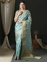 Women's Organza Light Blue Woven Design Designer Saree With Blouse Piece-UNATI3003