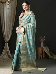Women's Organza Light Blue Woven Design Designer Saree With Blouse Piece-UNATI3003