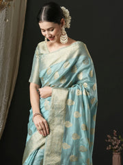 Women's Organza Light Blue Woven Design Designer Saree With Blouse Piece-UNATI3003