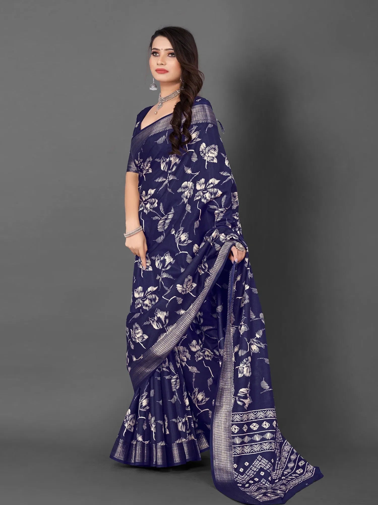 Navy Blue Printed Designer Saree | Elegant Indian Sari Collection