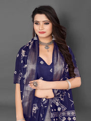 Women's Satin Turquoise Printed Designer Saree With Blouse Piece-KLUTCH330004