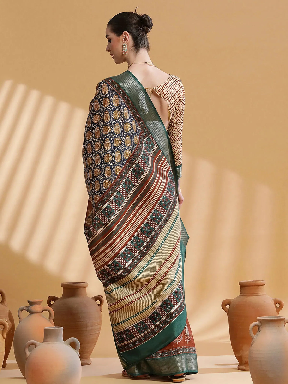 Women's Cotton Blend Navy Blue Printed Designer Saree With Blouse Piece-UNVRSE38D
