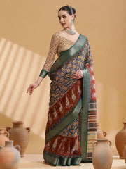 Women's Cotton Blend Navy Blue Printed Designer Saree With Blouse Piece-UNVRSE38D