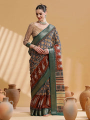 Women's Cotton Blend Navy Blue Printed Designer Saree With Blouse Piece-UNVRSE38D