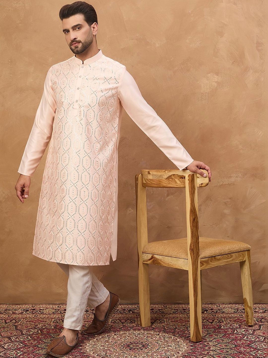 Ethnic Bay Men Peach Silk Blend Solid Embroidered Straight Kurta With Pant Set-MKSET1431