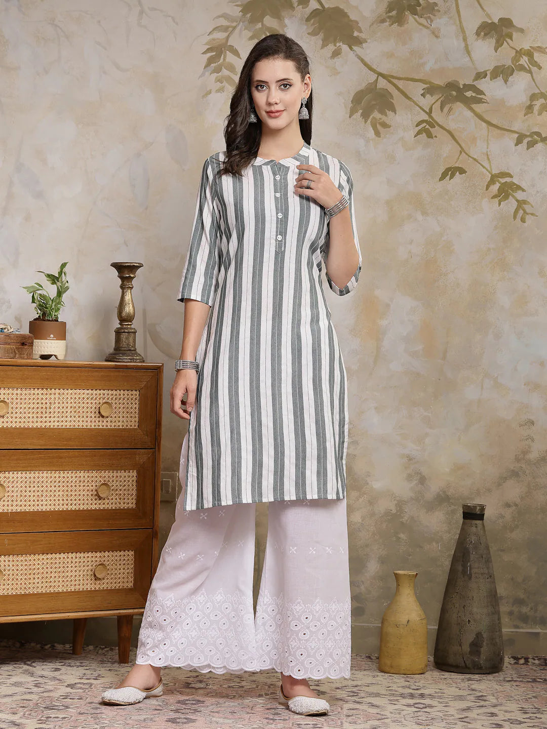Women's Grey Striped Cotton Blend Indian Kurta | URVASHI