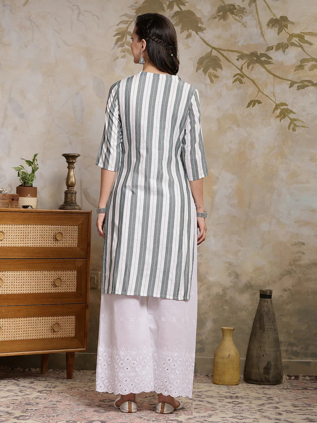 Women's Grey Striped Cotton Blend Indian Kurta | URVASHI