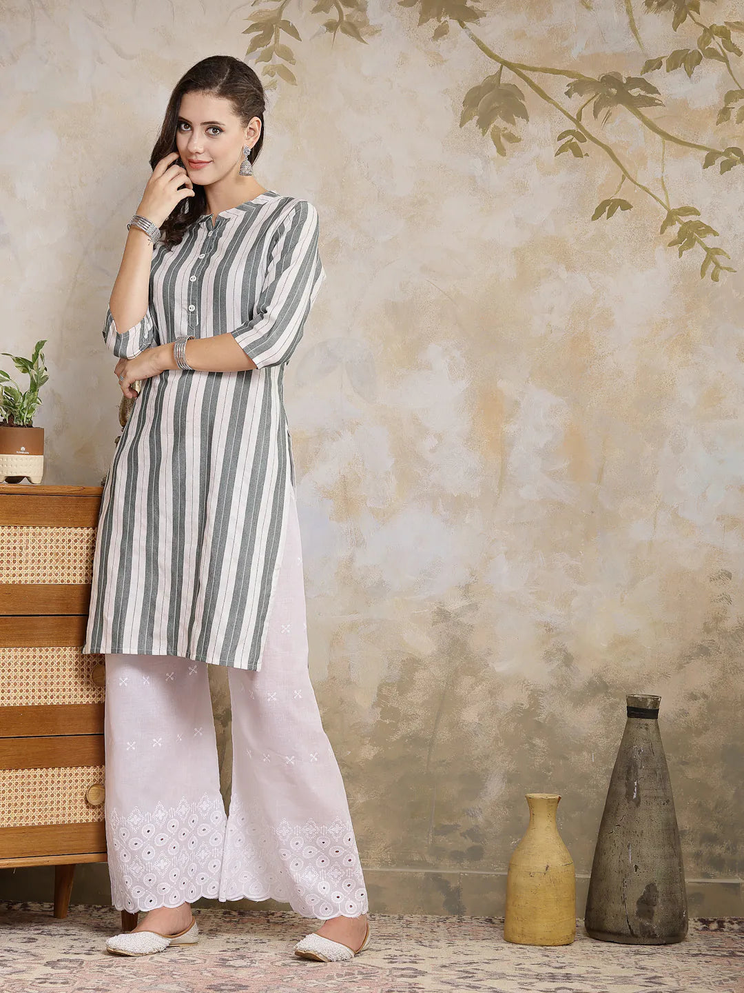 Women's Grey Striped Cotton Blend Indian Kurta | URVASHI