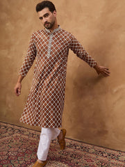 Ethnic Bay Men Brown Viscose Rayon Solid Embroidered Straight Kurta With Pant Set-MKSET1535