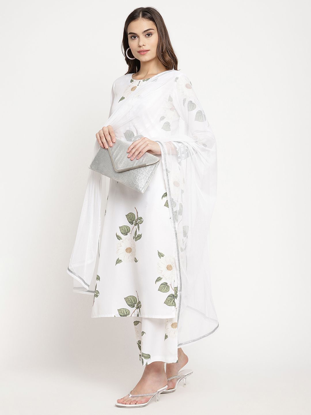 White Digital Print Kurta and Palazzo Set With Dupatta