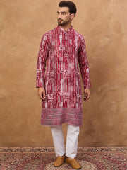 Ethnic Bay Men Red Viscose Rayon Batik Embroidered Straight Kurta With Pant Set-MKSET1499