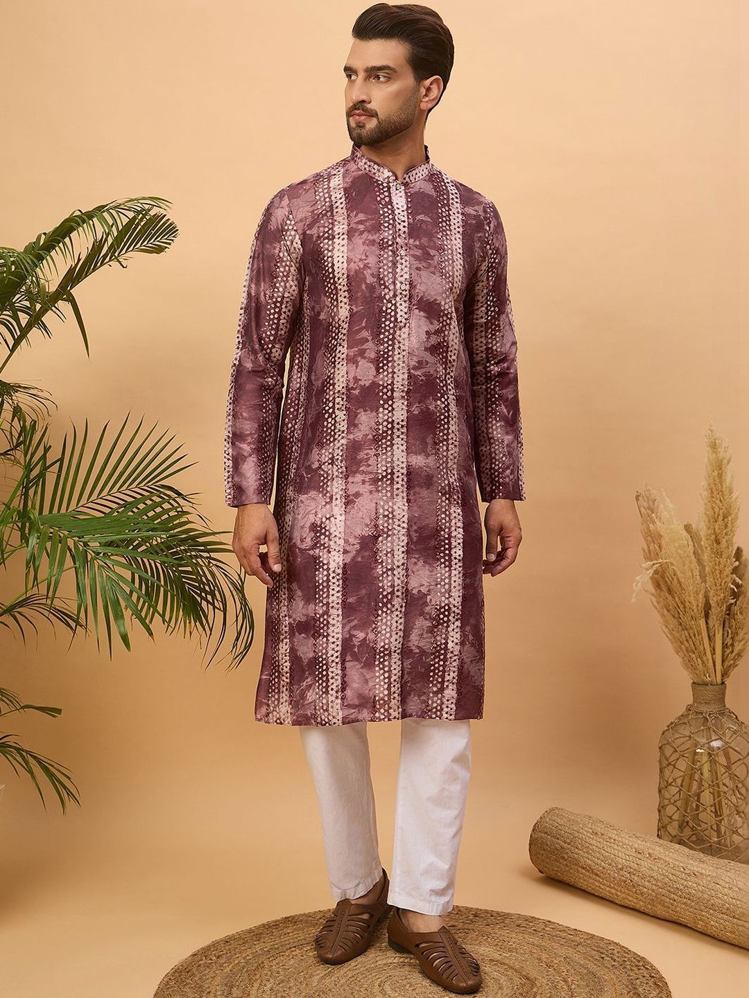 Ethnic Bay Men Burgundy Silk Blend Shibori Embroidered Straight Kurta With Pant Set-MKSET1537