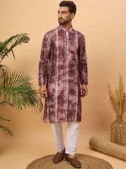 Ethnic Bay Men Burgundy Silk Blend Shibori Embroidered Straight Kurta With Pant Set-MKSET1537