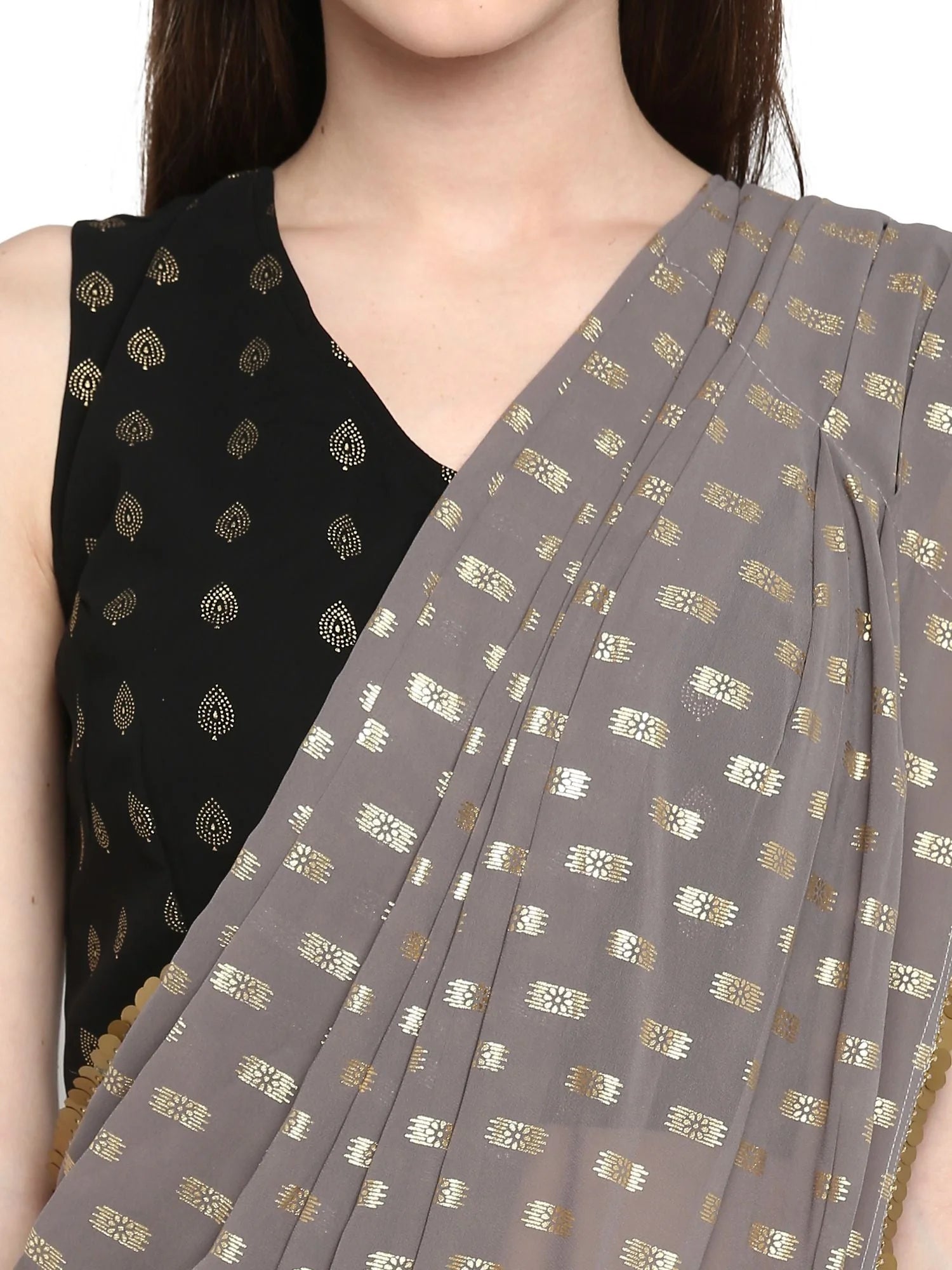 Black Georgette Foil Print Ready to Wear Saree | Indian Sari