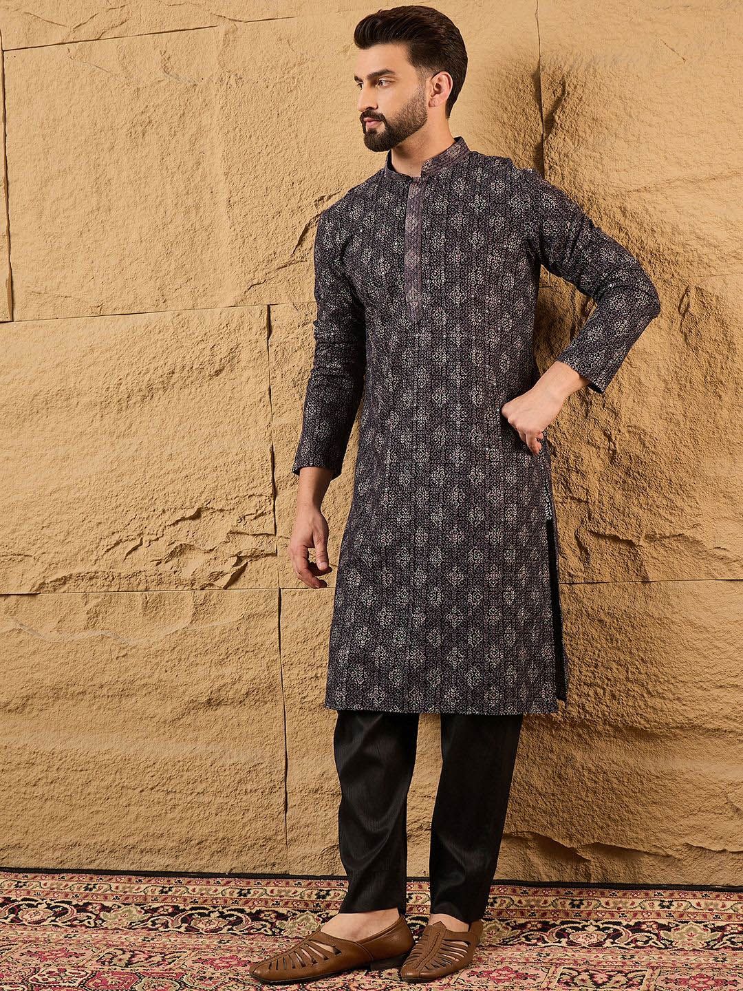 Ethnic Bay Mens Grey Viscose Rayon Ethnic Motifs Embroidered Chikankari Straight Kurta With Pant Set-MKSET1165