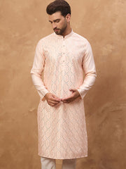 Ethnic Bay Men Peach Silk Blend Solid Embroidered Straight Kurta With Pant Set-MKSET1431