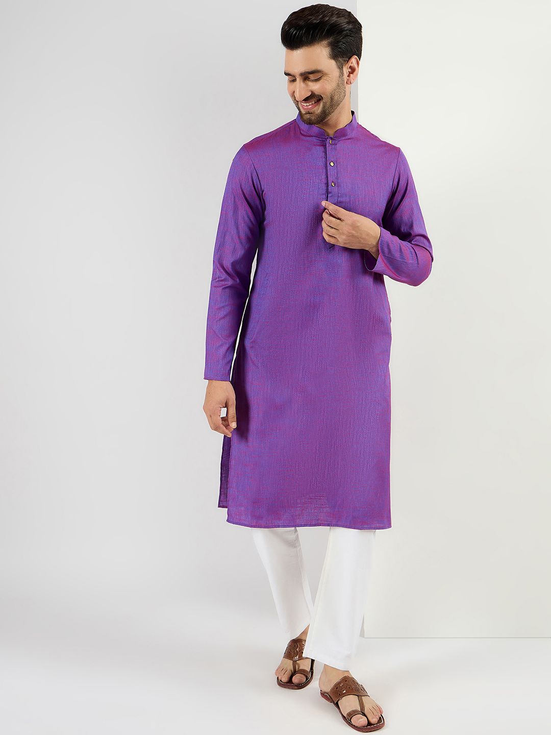 Ethnic Bay Men Purple Cotton Solid Woven Design Straight Kurta With Pant Set-MKSET1099