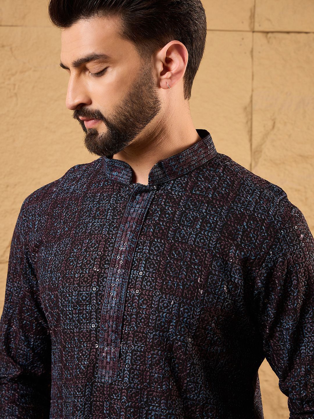 Ethnic Bay Mens Black Viscose Rayon Geometric Embroidered Chikankari Straight Kurta With Pant Set-MKSET1166