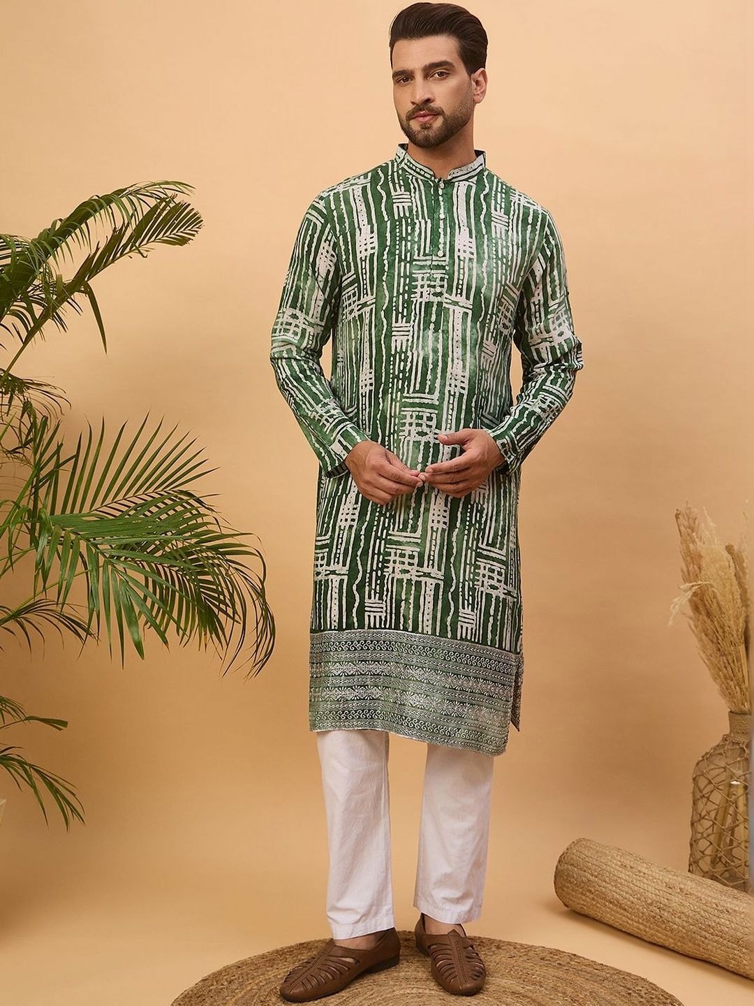 Ethnic Bay Men Green Viscose Rayon Batik Embroidered Straight Kurta With Pant Set-MKSET1500