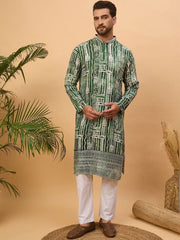 Ethnic Bay Men Green Viscose Rayon Batik Embroidered Straight Kurta With Pant Set-MKSET1500