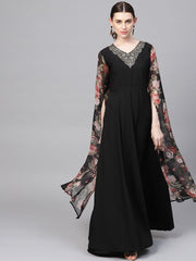 Black Printed Crepe Dress-AHKUCRCFLTDP-791