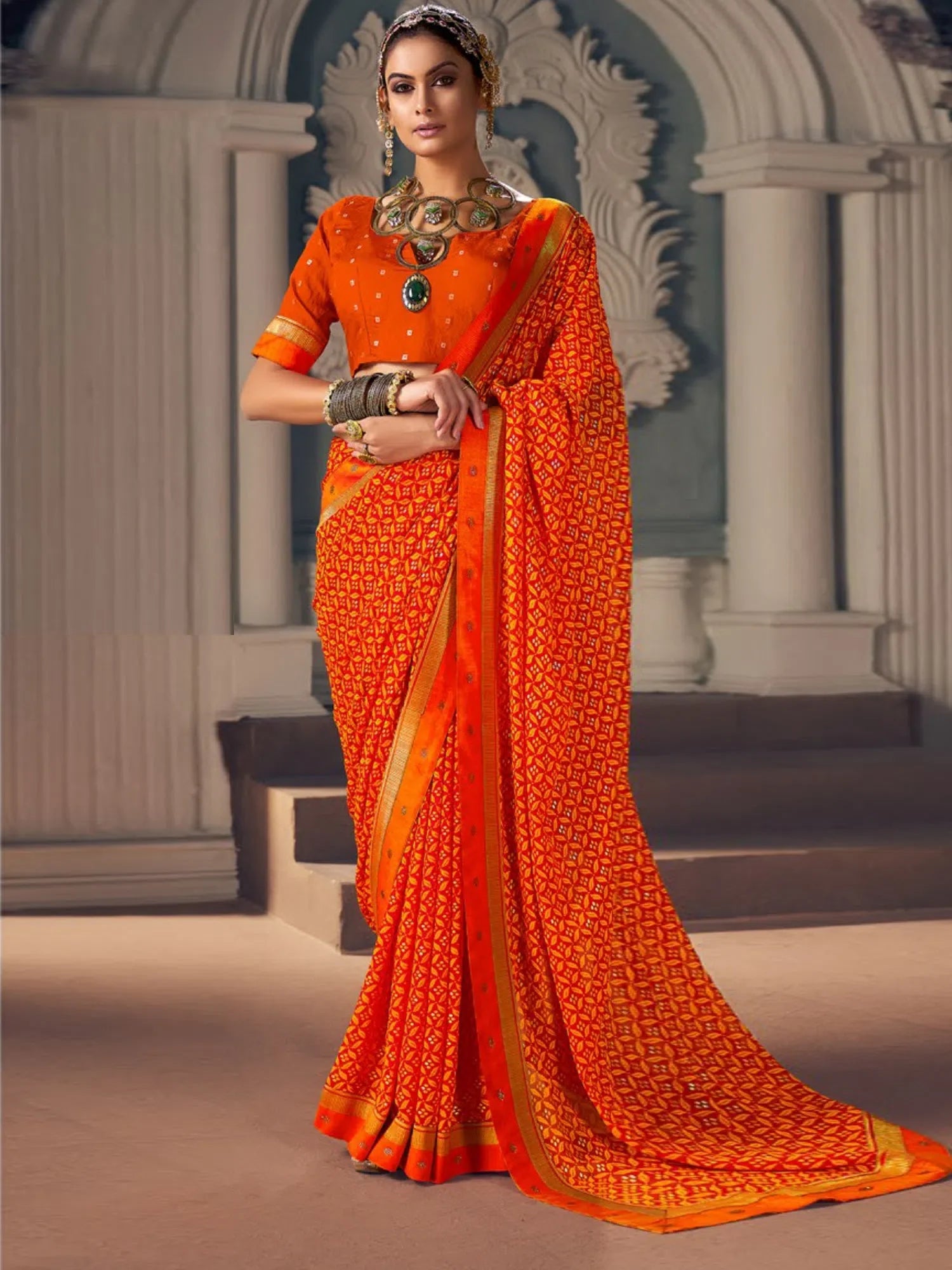 Orange Embellished Designer Indian Sari - VATIKA1003