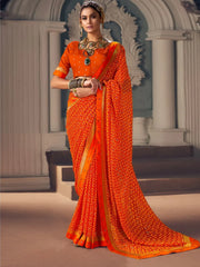 Women's Georgette Orange Embellished Designer Saree With Blouse Piece-VATIKA1003