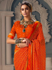Women's Georgette Orange Embellished Designer Saree With Blouse Piece-VATIKA1003