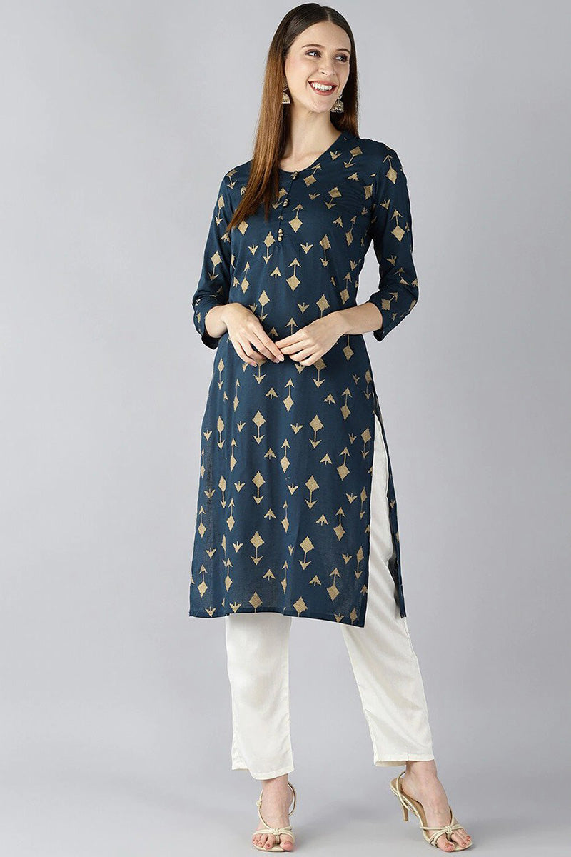 Teal Blue And Gold Coloured Printed Straight Kurta VCK1765E | DesiQlo