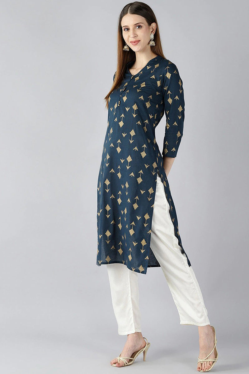 Teal Blue And Gold Coloured Printed Straight Kurta VCK1765E | DesiQlo