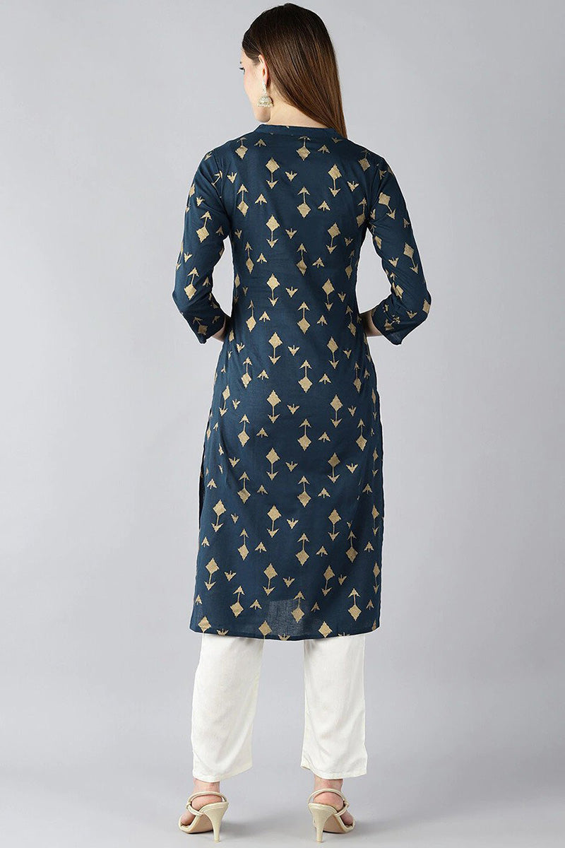Teal Blue And Gold Coloured Printed Straight Kurta VCK1765E | DesiQlo