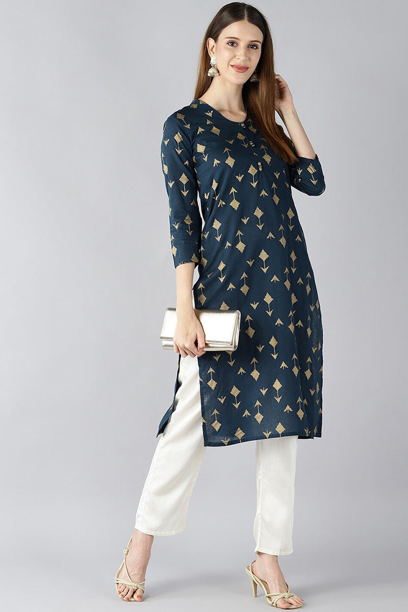Teal Blue And Gold Coloured Printed Straight Kurta VCK1765E | DesiQlo