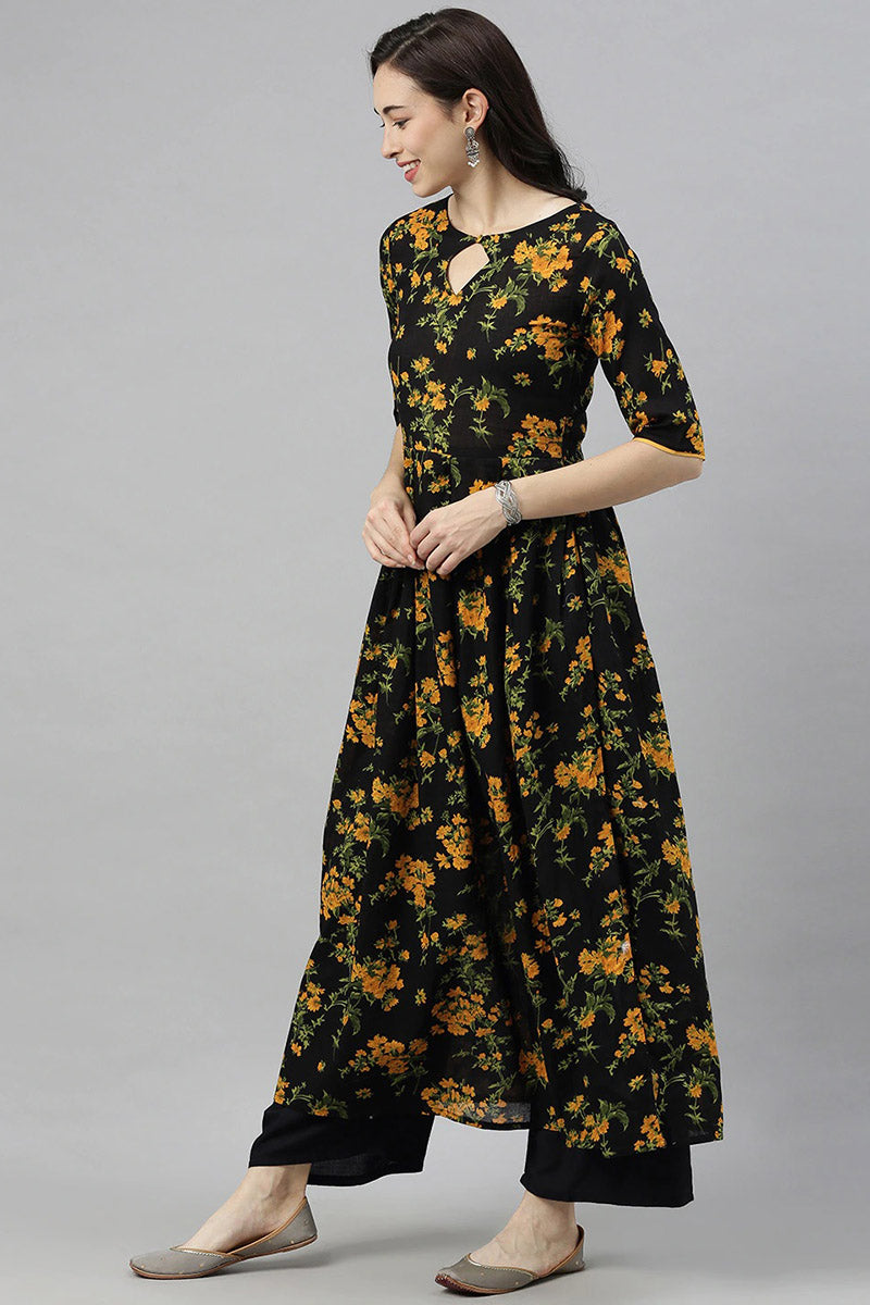 Women Black Floral Printed Keyhole Neck Kurta VCK8215