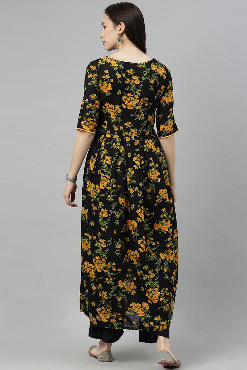 Women Black Floral Printed Keyhole Neck Kurta VCK8215