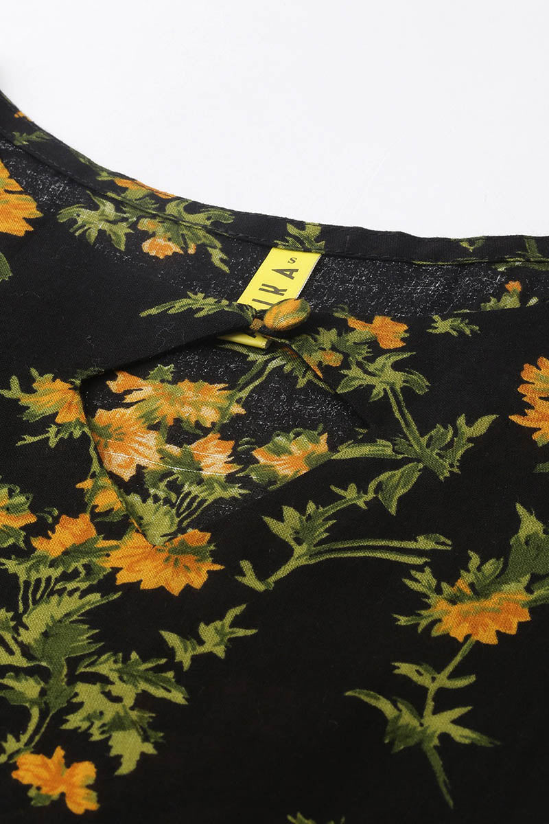 Women Black Floral Printed Keyhole Neck Kurta VCK8215