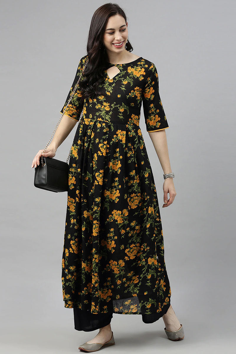 Women Black Floral Printed Keyhole Neck Kurta VCK8215